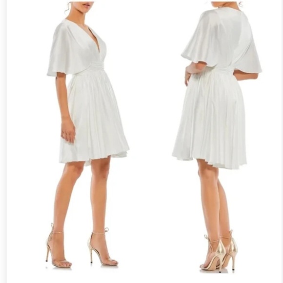 Mac Duggal style 26605 pure solid White V-Neck Mini Dress silk bridal sz 12 NWT - Picture 2 of 10